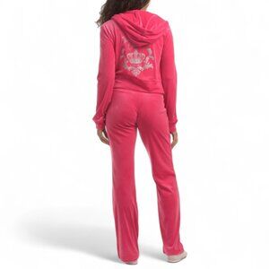 JUICY COUTURE Velour Tracksuit Matching 2 PC Set Bling Crown Outfit Pink Party